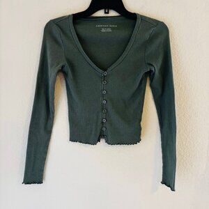 American Eagle Olive Green Ribbed Button Front Long Sleeve Tee XS